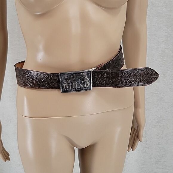RHINO Vintage Silver Belt Buckle on Soft Embossed Tooled Leather Belt - Picture 1 of 6